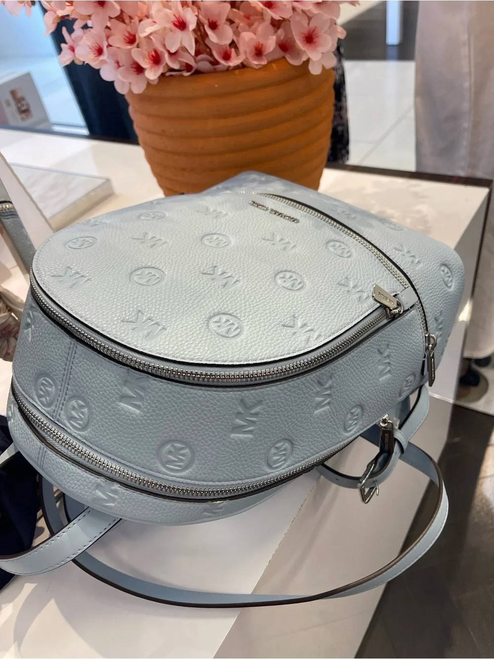 Michael Kors Rhea Medium Zip Logo Debossed Backpack Pale Ocean NWT
